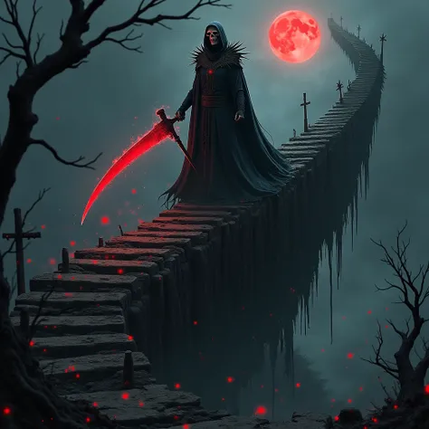  top quality, masterpiece, Shinigami, which has a large scythe that emits red magic, 、A huge, distorted bridge made by piling up a human-sized grim reaper 、 dark、An elaborate construction、Shinigami with a skull mask  、( Old Black Robe Covering the Body )、A...