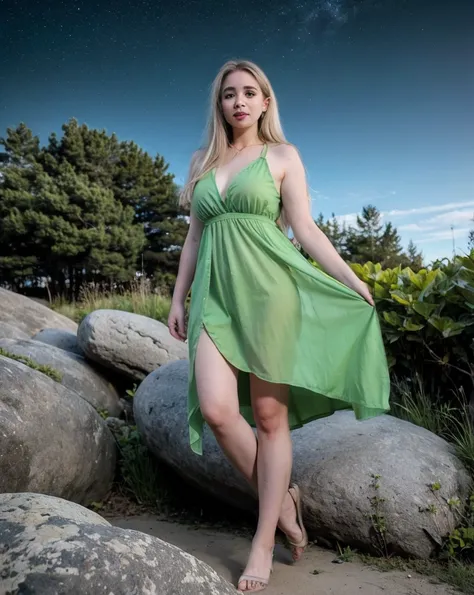 Cinematic Photo of ((best quality, 8k,)) a woman in a dress standing on a rock, long hair, blonde hair, green eyes, full body, sky, night, green dress