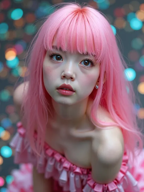 real photograph, (masterpiece), (highest quality), (Super detailed), (shape), View from above, one japanese girl, pink hair, cute face, Melancholy expression, looking up, 
a Edda Gudmundsdottir design avant-garde offshoulder dress fully made from geometric...