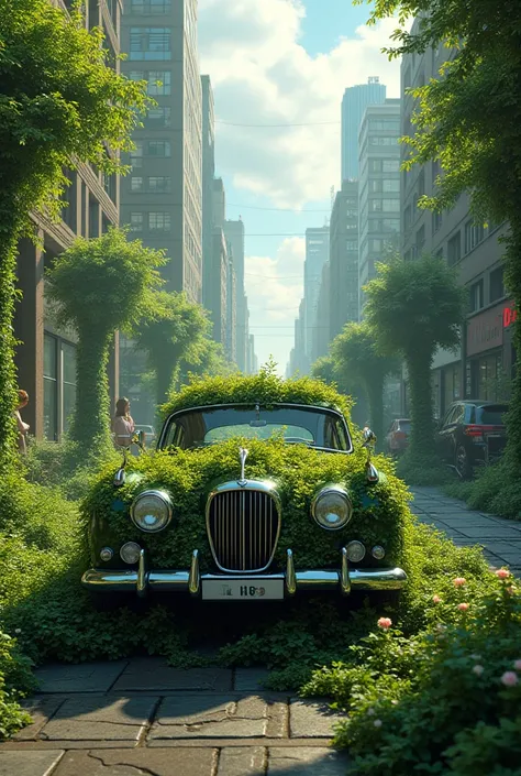 car, covered with greenery and trees circling in a large city