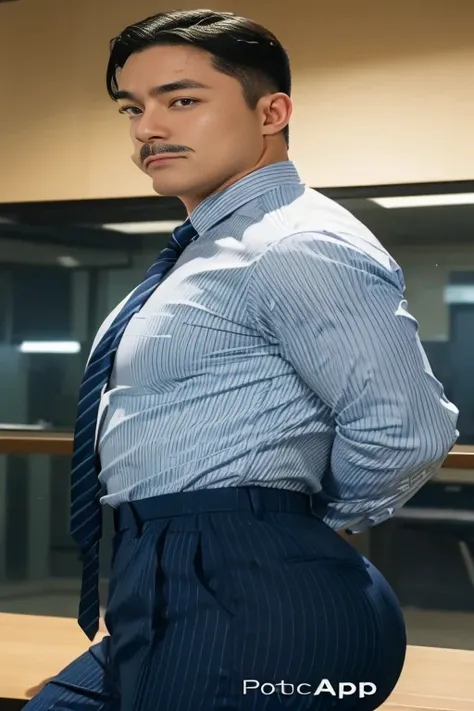 40-year-old boy ,Korean bulky male officer ,Wear navy blue police uniform shirt................ pinstripe navy blue smooth tight trouser, transparent pants obvious underwear print ,((unrealistic super big tight butt wearing pants)), legs wide open, legs on...