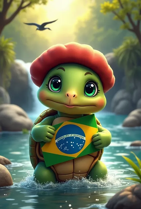 Draw a cute baby turtle with a small red beret,  bright green eyes , In the hands holding a Brazilian flag to face the spectator, Small waterfall background with flowing river and flying birds, sun reflections, Brazilian scenario 