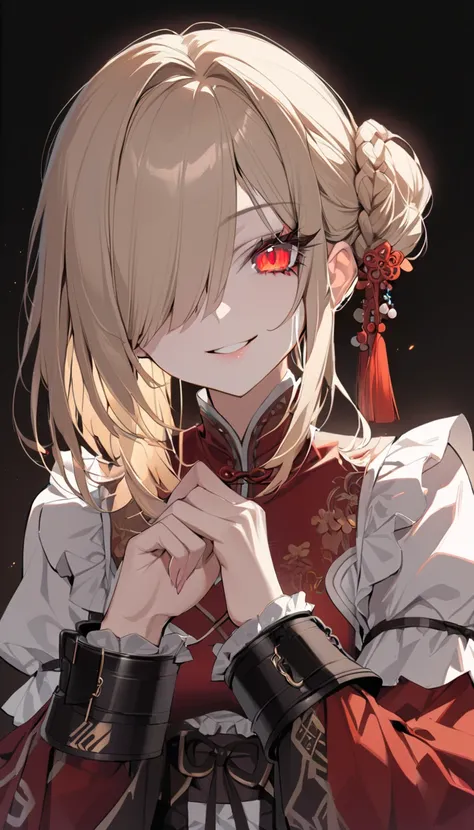 One woman, masterpiece, top quality, beautiful eyes, smiling face, clear skin, long eyelashes, red eyes, light blonde hair, braided bun, hair accessory, bangs covering one eye, moe sleeves, Chinese lolita, cuffs that hide wrists, black background