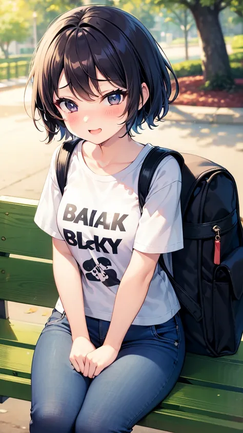 １ bashful girl　 elementary school students　 short　 sitting on a park bench 　 black hair　 short hair　　 big eyed 　Shiny Eyes　Large T-shirt　 light blue short jeans　 backpack　