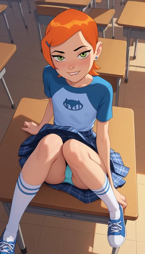 Gwen tennyson, beautiful young cute slender girl, thin slender young beautiful , short orange hair, blue top, flat chest, blue plaid skirt, thigh high socks, thin legs, shoes, sitting on teachers desk in front of class, lifting up her skirt, upskirt, pulli...