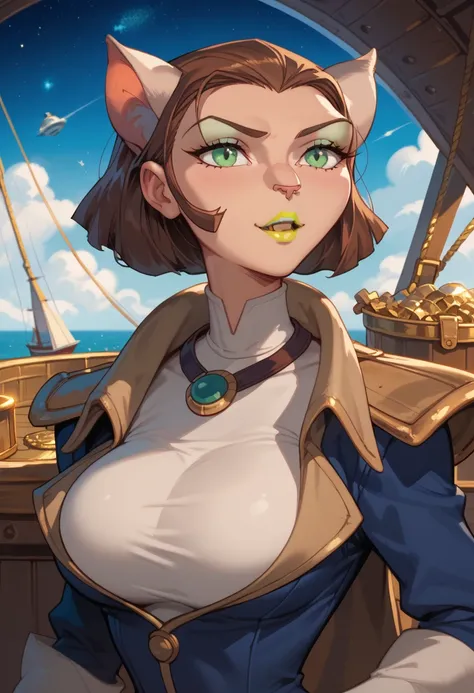 woman, big breasts, anime style, yellow lipstick, green eyes, brown hair, captain, ship captain, space ship, cat ears, cat eyes, cat nose, Captain Amelia Smollet, Treasure Planet 