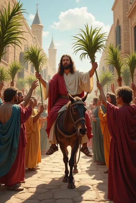  The image represents the triumphal entry of Jesus into Jerusalem,  based on the biblical account of the Gospels .  Jesus is riding a donkey ,  surrounded by a crowd celebrating his arrival .  People hold palm branches ,  symbol of victory and peace ,  and...