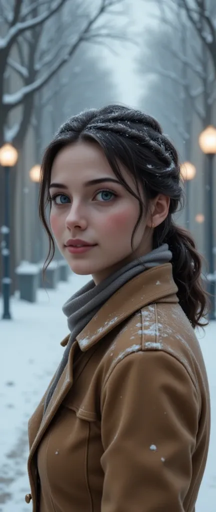 1 girl, European, ,big blue eyes, dark hair winter (upper body close-up), a girl walks down a long alley with trees. The girl's body is shot from the side (the head is turned towards the viewer). winter atmosphere, ((snow falls in flakes)), snowdrifts, fog...