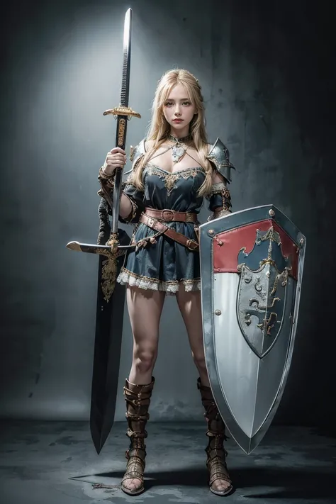 masterpiece、 best quality、 best quality、(( full body:1.8))、(bikini armor:1.5)、((Pose with sword and shield in hand :1.5))、 agers 、 big breasts、 Thin Waist、 slender body、petite girl、Medieval Girl 、solo、(Blonde、 Braided Long Hair:1.2)、 Clear Deep Blue Eyes 、...