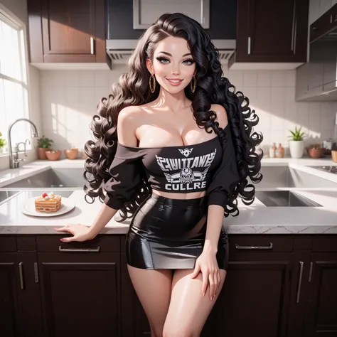 sexy young woman,  big chest , long black curly hair, off shoulder tight shirt, Short skirt, stiletto overknee stiefel, made up, Creole Earrings, seductive look, erotic, Standing in a kitchen of the future., A person fills the dishwasher,  full body view, ...