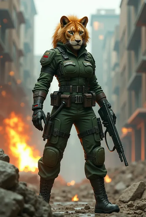 Strong Female with lioness head in green soldier uniform, demolition encroachment 