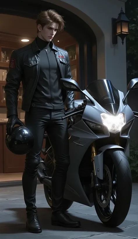 A young and handsome man , brown-haired,  blue-eyed , wearing a full riding jacket, riding shoes, was holding a helmet,  standing staring at the ducat bike in front of him, in the background of the garage of a luxury house,  Night atmosphere .