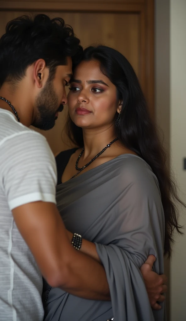 an indian plus sized house wife, wearing simple plain gray sari, having sex with brother in law. man is squeezing her breast from behind, in her home, kitchen, discreet sex