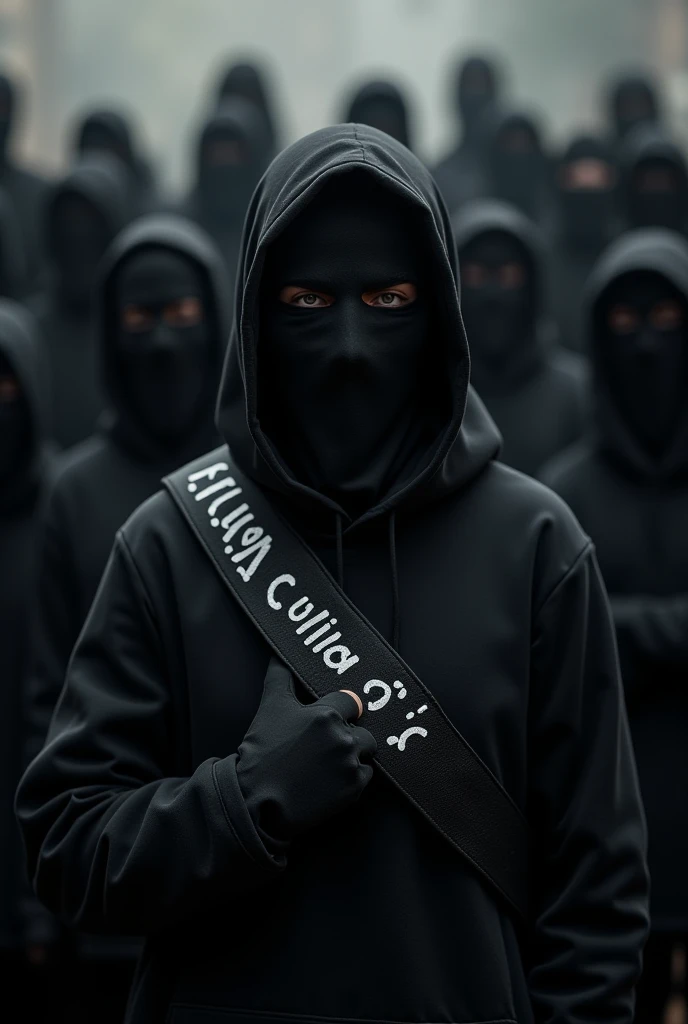  background Crowd of people dressed in black with black balaclava holding a black belt written "S.J. RIO PRETO "  the image must be in front with a PNG 