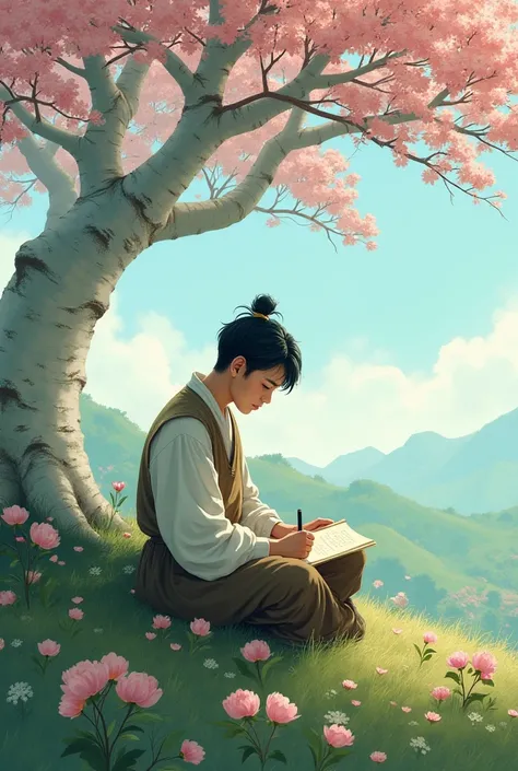 View of a poor 16-year-old boy from the Joseon Dynasty writing a poem under a side white tree on a hill. The boy has a wobble head. Peony flowers were in full bloom in the surrounding area. 