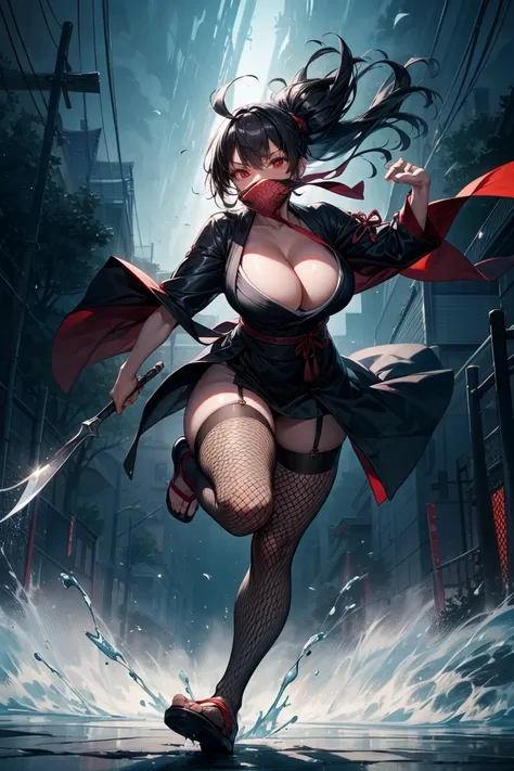  best quality　 Delicate Depiction　Delicate skin　Exact shape　Ninja　 big breasts　Of an accurate depiction(full body fishnet stockings)　Short knife　 black kimono　　Black Hakama　Black Robe　night　darkness　darknessnight　Outdoors　 dark scenery 　Ninjutsu　 nature　 E...