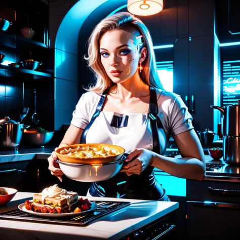 a very sexy woman in futuristic fantasy clothing, standing in a futuristic fantasy kitchen cooking a futuristic meal, detailed face, beautiful eyes, detailed lips, detailed facial features, 1girl, fantasy, futuristic, cyberpunk, high tech, advanced technol...