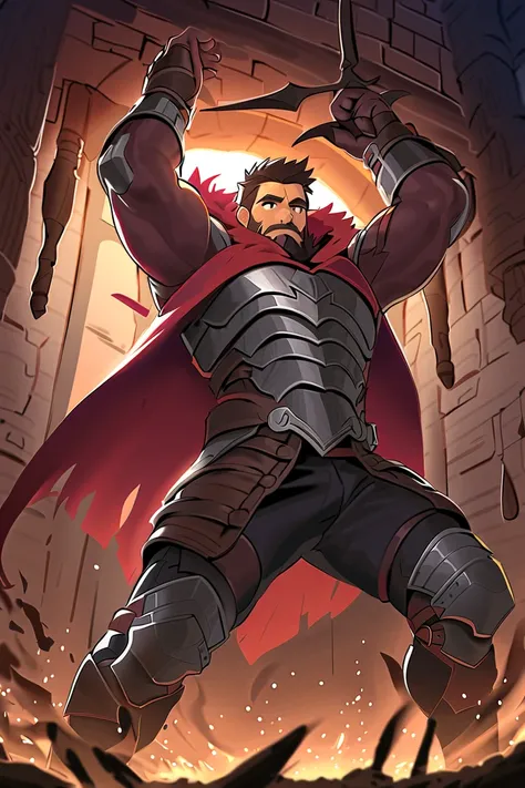 masterpiece,  human male, hero、male、 brown hair 、 detailed eyes 、 Rugged Expression, Muscular, strong physique, black beard, strong jaw, Alone, great lighting, very manly, sweaty, Fantasy theme ,I'm wearing a red cloak、I'm wearing full plate armor、 holding...