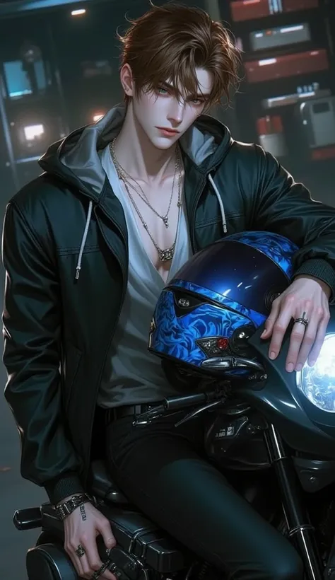 A young and handsome man , brown-haired,  blue-eyed , wearing a hoodie jacket, Jordan Air Shoes,  holding a blue helmet with an airbrush, sitting on top of an H2R sports bike, in the background of the garage,  Night atmosphere , seductive sharp gaze.