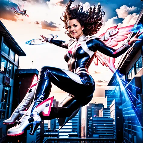 (a superheroine in a tight pink and white costume, large bust, long curly hair, stiletto boots, flying down from a rooftop),(best quality,4k,8k,highres,masterpiece:1.2),ultra-detailed,(realistic,photorealistic,photo-realistic:1.37),full body shot,dramatic ...