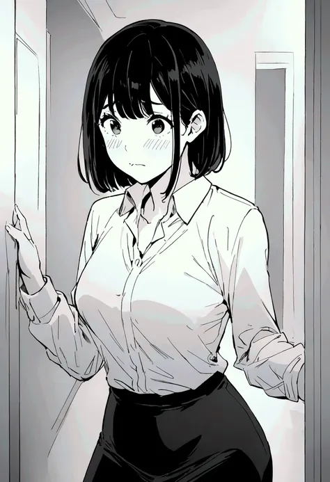 Line drawing, manga style, black and white, monochrome, clean smooth lines, masterpiece, one woman, white long sleeve business shirt, tight skirt, short hair, ((business shirt)), black hair, apartment interior, looking at camera with embarrassed expression...