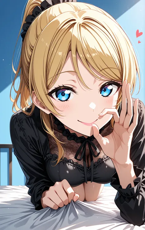 masterpiece,  best quality,  great quality,  Very Aesthetic,   is ridiculous, up to date, scenery, high definition , high resolution,woman,woman,Love Live,Eli Ayase,blonde hair, long hair, blue eyes, ponytail,  Shiny Texture  , pink lips, simple background...