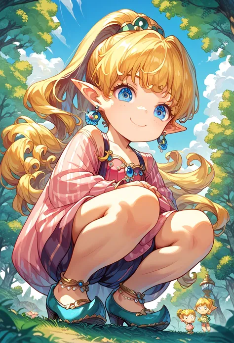 masterpiece, high resolution, best quality,8k((((toddler face,Young,cute,petites))))
(first,blonde hair,jewelry,long hair,earrings,pointy ears,ponytail, blue eyes,detailed eyes)

(Squat, from below,smile)


