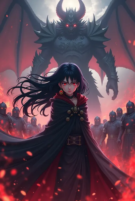 Fight the Demon King　 black hair　 long　Wavy Hair　 red eyes　 girl　gold and red earrings　Magister　Black Robe　 magic 　＆　Knights 　 fantasy　 anime style, 