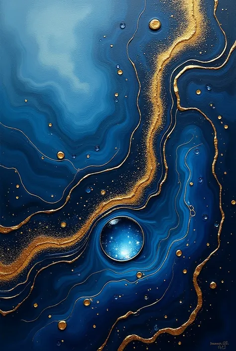  abstract painting, Fond bleu nuit, graphic gold filaments , High Definition, Put relief, ajouter au centre une goutte d'eau cristalline en parfaite harmonie avec l'ensemble de l'image