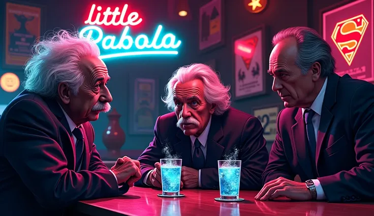  Albert Einstein , Oppenheimer and Bald Lex Luthor sit at a bar drinking chemical liquid, neon sign with Little Pablo lettering, evening, a poster with a superman emblem on the wall,  pop art style 