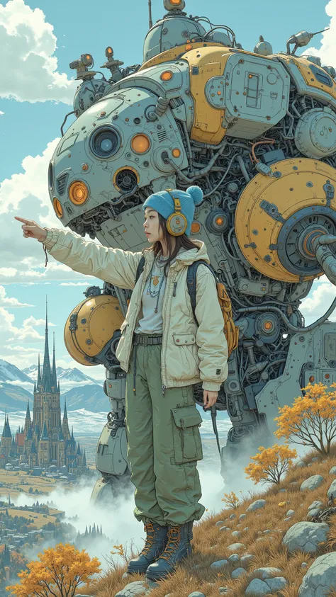   Surrealism   ,   artwork, 8K quality,  Standing on the shoulder of a giant robot 、 a cute high school student pointing at the destination 、 a very huge mobile weapon  、  a futuristic fortress at the destination can be seen in the distance  、  a huge mobi...