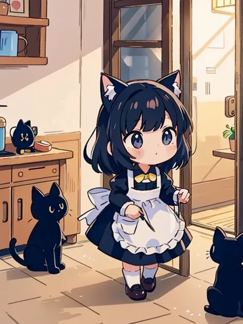 Peeking secretly into a slightly opened door,、    / leading to the diner   ,   black cat  walking on two legs inside((Cait Sith))  has an interesting view of the world alley street   、Wearing an apron、   cosplay costume like maid clothes   、   delicious fo...