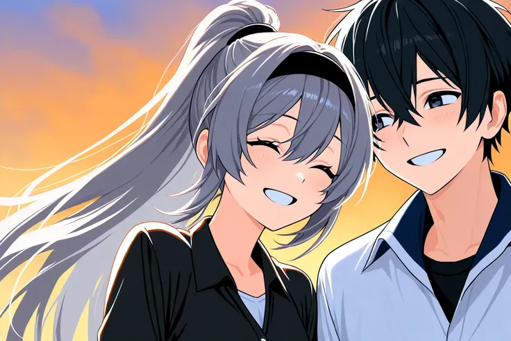  high resolution,  look,  smiles,  hair that flutters in the wind, Gray Hair,  Hair Band ,   black hair,  ponytail,  1 girl in the best,  one boy,  smile,  smiles, 