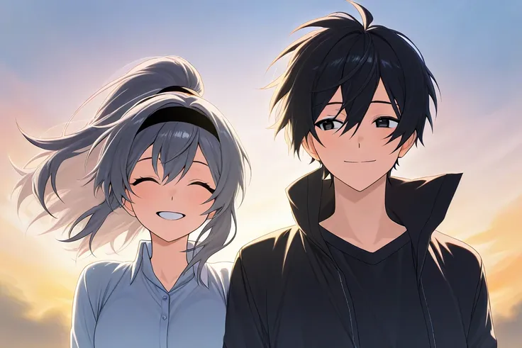  high resolution,  look,  smiles,  hair that flutters in the wind, Gray Hair,  Hair Band ,   black hair,  ponytail,  1 girl in the best,  one boy,  smile,  smiles, 