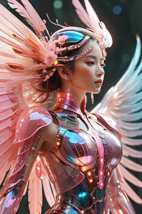 Biomechanical Style,  high definition   illustration,  Amazing magical creatures , ( clean skin:1.5), (Translucent body with pink undertones:1.5), ( Shining Back Wings  :1.5), Art by MS  .Schiff, neon,  Light Particles , color, CMYK color, backlit,  cyberp...