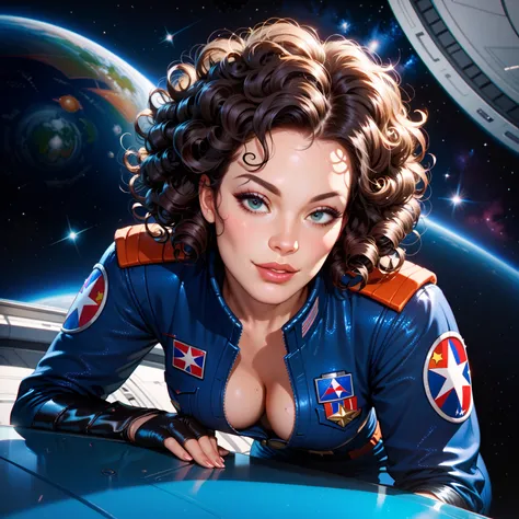 Sexy woman in Star Trek uniform Open blouse Black boots Sexy long black curly hair Smokey eyes in a space shuttle