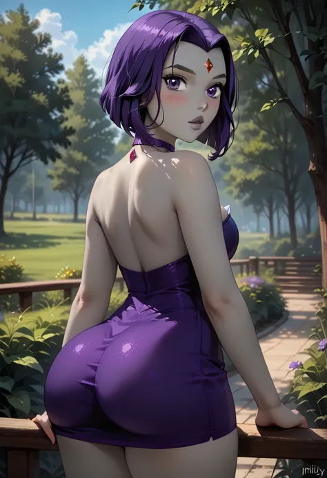 score_9, score_8_up, score_7_up, 1girl, solo, beautiful waifu, mature woman, sexy (rachelroth, purple hair, short hair, purple eyes, grey skin, forehead jewel:1.3), wearing (sexy purple minidress:1.2), (plain purple choker:1.1), filled lips, thick lips, ey...