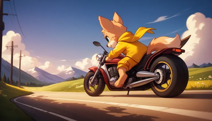 The image shows a small orange-furred puppy wearing a yellow hooded jumpsuit riding a small motorcycle. He is on a winding road with green, mountainous landscapes in the background. The puppy has a determined and cute expression, and his large ears stick o...