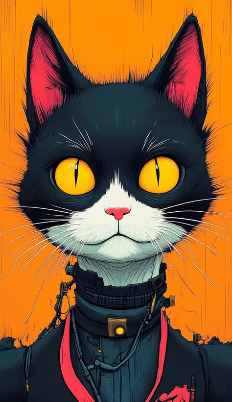 This is a striking artistic representation of a cat, featuring bold colors and expressive details. The cat has distinctive markings with a combination of black, white, and a hint of red, while its large yellow eyes draw attention. The style appears to be a...