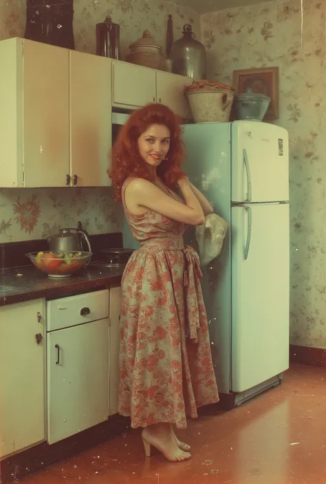 (best quality, 128k,highres,masterpiece:1.2),ultra-detailed,(realistic,photorealistic,photo-realistic:1.37), ((masterpiece)) ((photography)) ((Highest quality)) A charming 1980s vintage kitchen with pastel-colored cabinets, a retro refrigerator, and patter...