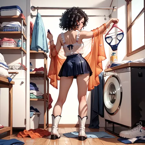 young lady transparent blouse short skirt,white overknee boots tall long black curly hair ironing the laundry on an ironing board