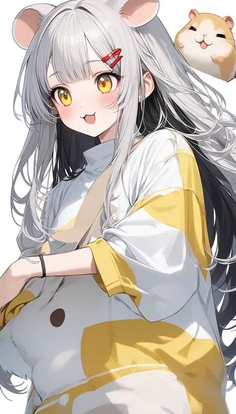 Hamster ears少女,  Cute Hamster Ears ,  Very Realistic White Hamster , perfect anatomy,   long white hair, 非常に  long hair,  straight perm, bangs, (((bangsに赤い蝶のヘアクリップ))),   yellow eyes,  New Look,   long hair, Gray Hair, Black inner hair, ：3,  Panicked  ,   o...