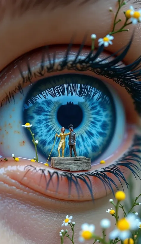 Close-ups of stunning blue eyes with iris details resemble abstract patterns resembling galaxies. In the eyelashes, there is a fantasy element in the form of a miniature man standing on a small wooden platform, holding a water hose and spraying water into ...