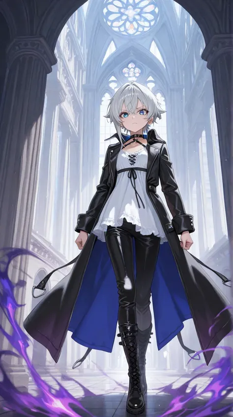 a vampire with long silver spiky hair, blue eyes, wearing an azure gothic leather long coat with a military flare, white chemise, black trousers, long knee-high black leather boots, serious expression, falling from a large cathedral, surrounded by an aura ...