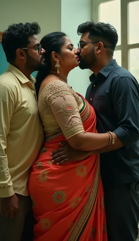 Extreme wide angle shot, Side view,Full body image, indian hourglass body, Indian plus sized 29 year old Telugu teacher anasuya bharadwaj, lovely face, suductive expression on face and lips, mouth slightly open, very huge breasts, wearing highly embroideri...