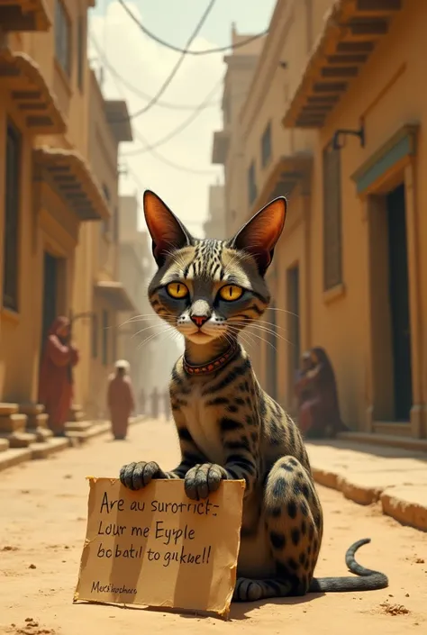 Create an image of Egyptian cat crying in the streets with a sign saying "help I'm hungry"