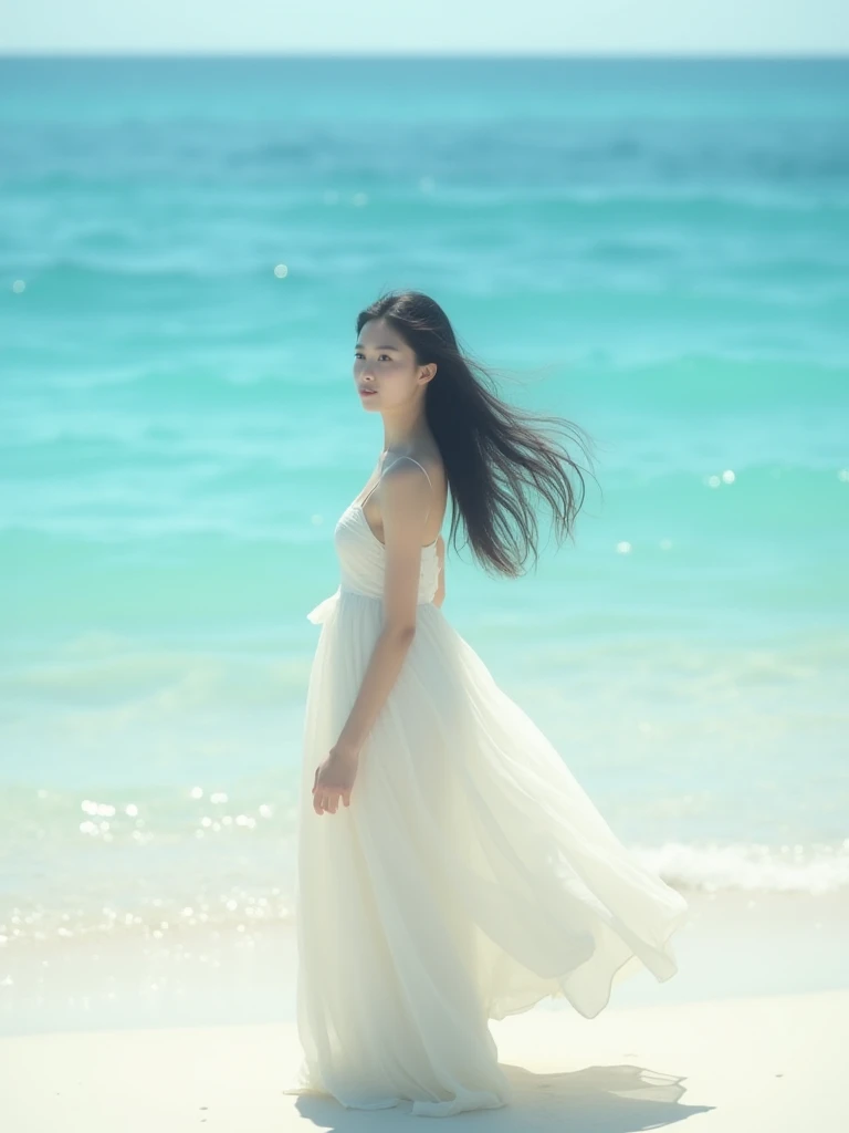 Blue Sea、 white sand beach with the sea in the background、A beautiful Japanese woman with long hair、 smiles、Gentle Eyes、 White Long Dress、Standing still、 sunshine、movie, 