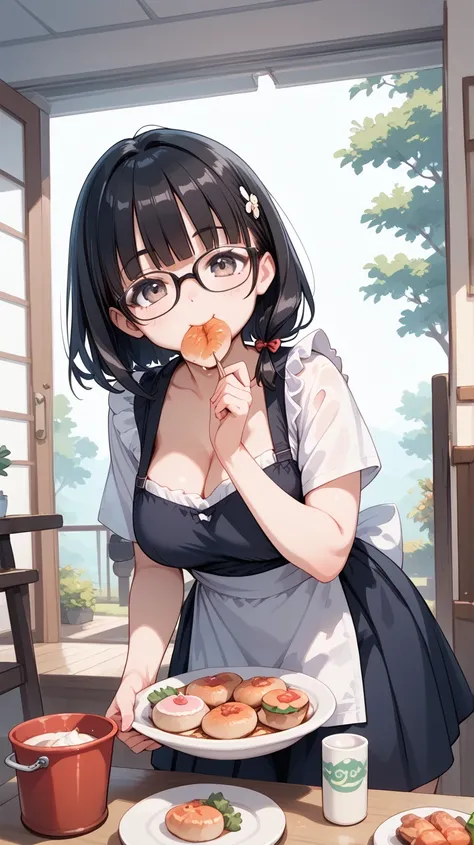 Black hair, glasses, eating Japanese hotpot