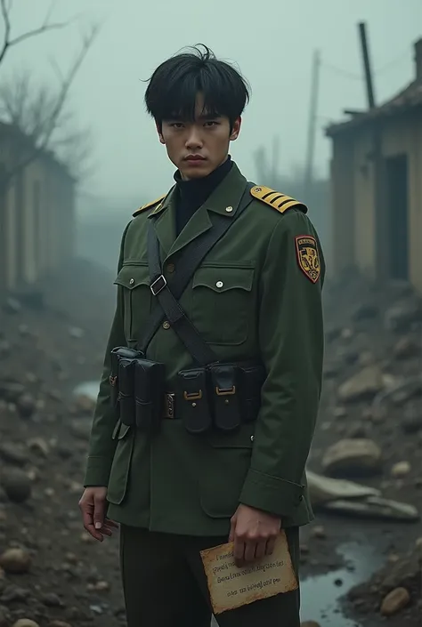 Kim Taehyung V(BTS), in soldier uniform in war zone, holding a paper written with pen ink saying "I need those codes dear I am not lying to you.