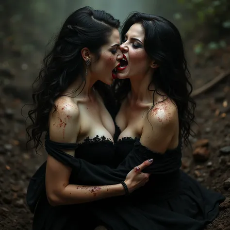 Two female vampires ,  biting each other on the neck with sharp teeth, like two good vampires ,  Two women , 38dd cup ,  fighting in the mud .  They tear each other's clothes ,  valence background  